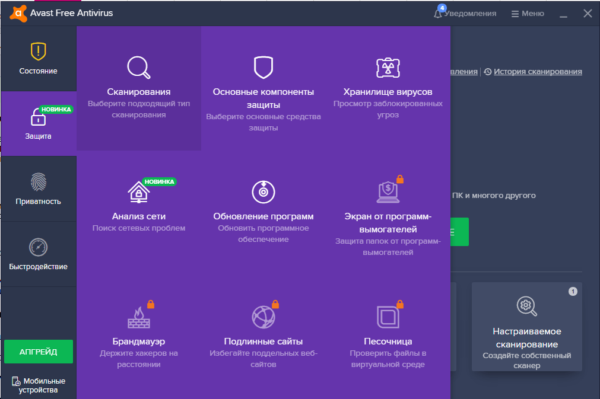 Окно Avast