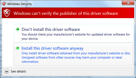 Windows can't verify the publisher of this driver software