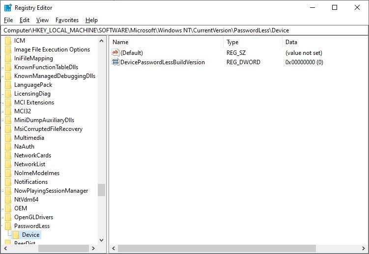 DevicePasswordLessBuildVersion параметр реестра Windows 10 20H2 разрешающий автоматический вход