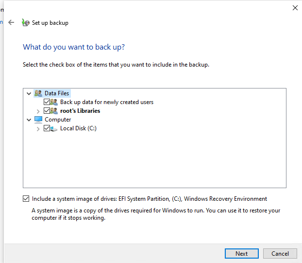 выберите что добавить в резевную копию образа windows