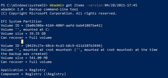 Wbadmin get items содержимое резевной копии