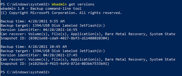 Wbadmin get versions - вывести все резервные копии