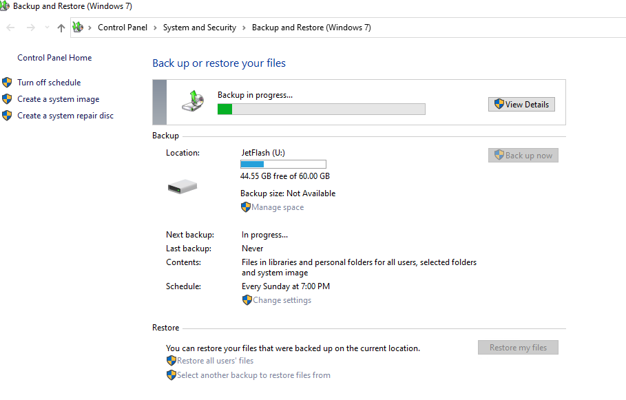 запуск резевного копирования Windows через Backup and Restore