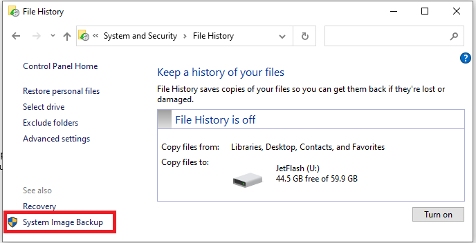 Запуск Sytem Image Backup в Windows 10
