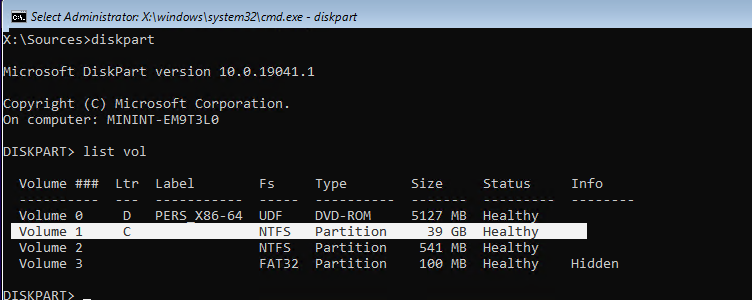 diskpart opredelit disk s windows