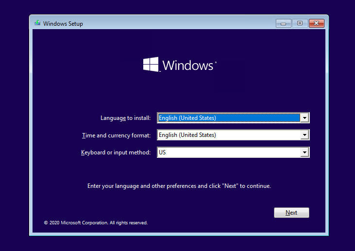 okno ustanovki windows 10