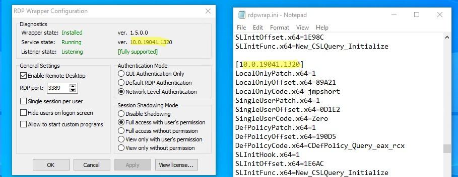 rdpwrapper - добавить описание в файл rdpwrap.ini для вашей редакции windows