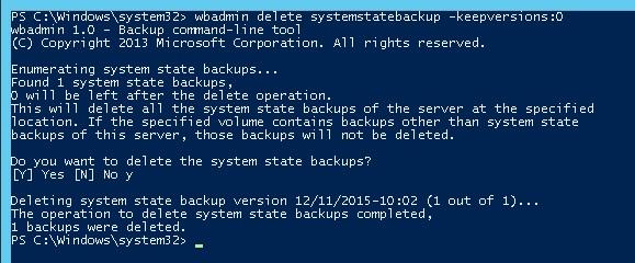 wbadmin delete systemstatebackup - удаление старых версий резевных копий системы