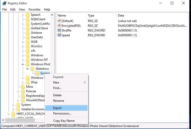 HKEY_CURRENT_USER > Software > Microsoft > Windows Photo Viewer > Slideshow > Screensaver 