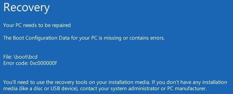 ошибка 0xc000000f отсутсвует файл bootbcd при загрузке Windows 10bcd-