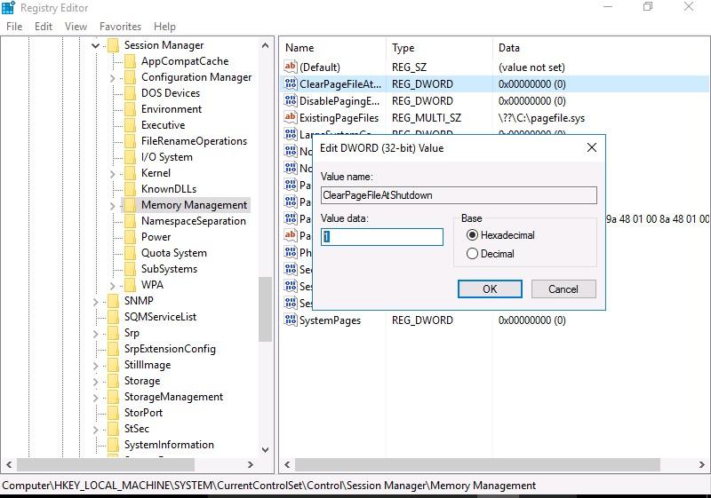ClearPageFileAtShutdown 