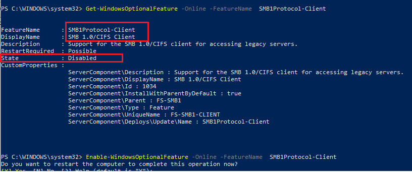 powershell enable windowsoptionalfeature smb1pro