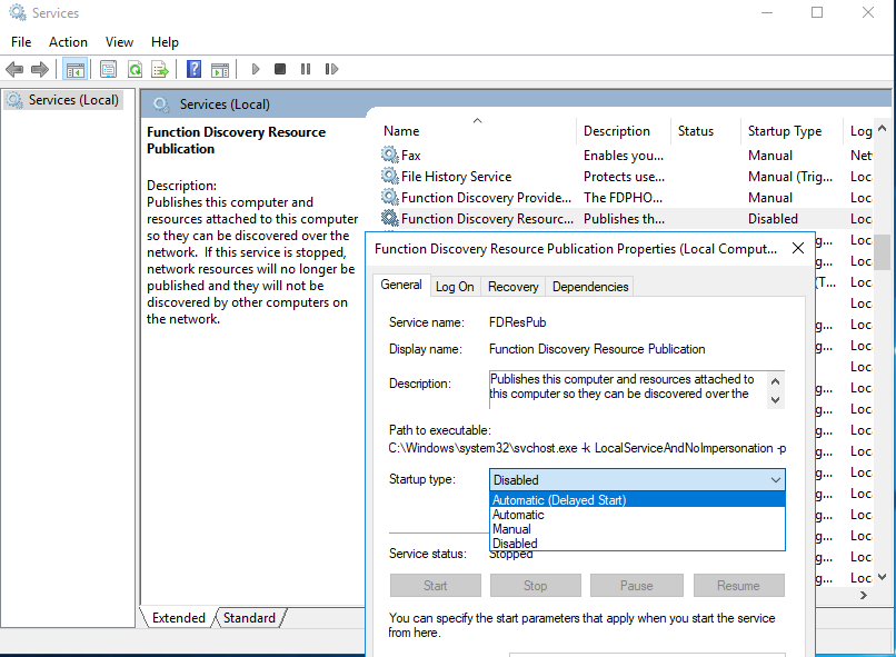 служба Function Discovery Resource Publication отключена