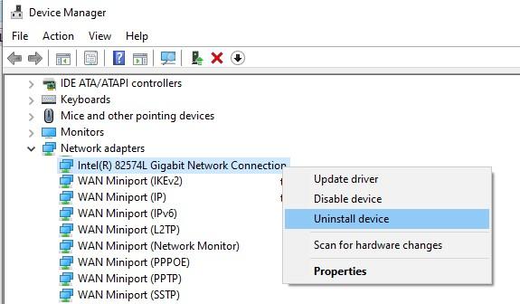 удалить сетевую карту в windows 10