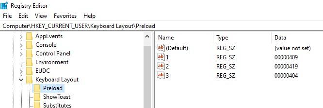 раздел реестра keyboard layout preload содержит список включенных раскладок клавиатуры