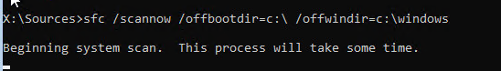 sfc /scannow /offbootdir=C: /offwindir=C:Windows