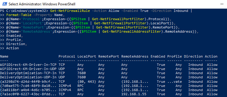 Get-NetFirewallRule вывести IP адрес и имя порта