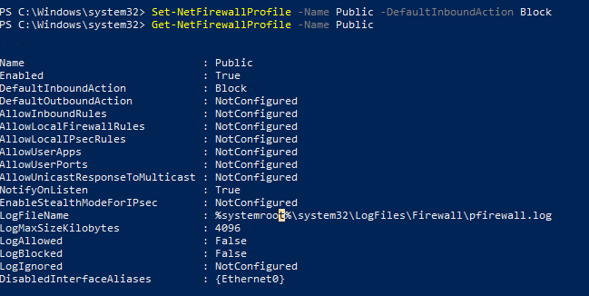 настройки по умолчанию для public профиля Windows Firewall