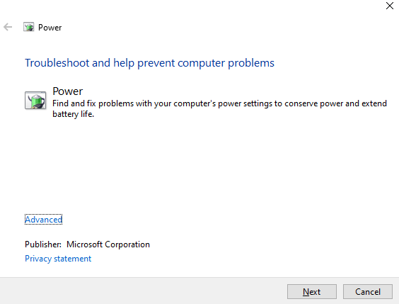 запуск Power troubleshooter в windows 10