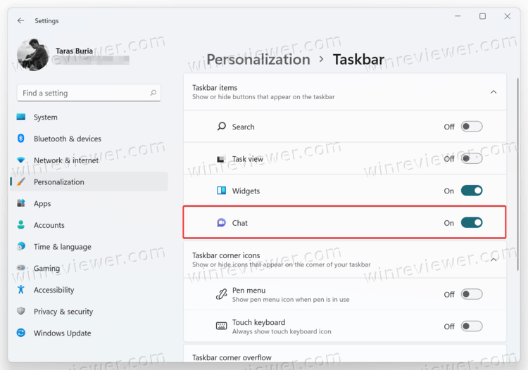 Добавить кнопку Чат на панель задач в Windows 11
