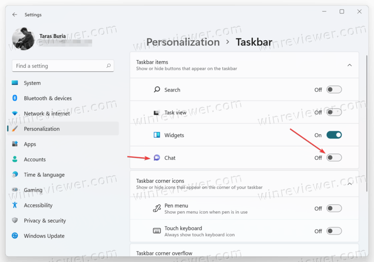 удалить кнопку Чат в настройках Windows 11