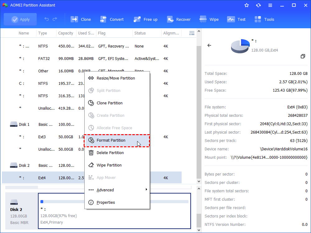 format ext4 partition 128gb