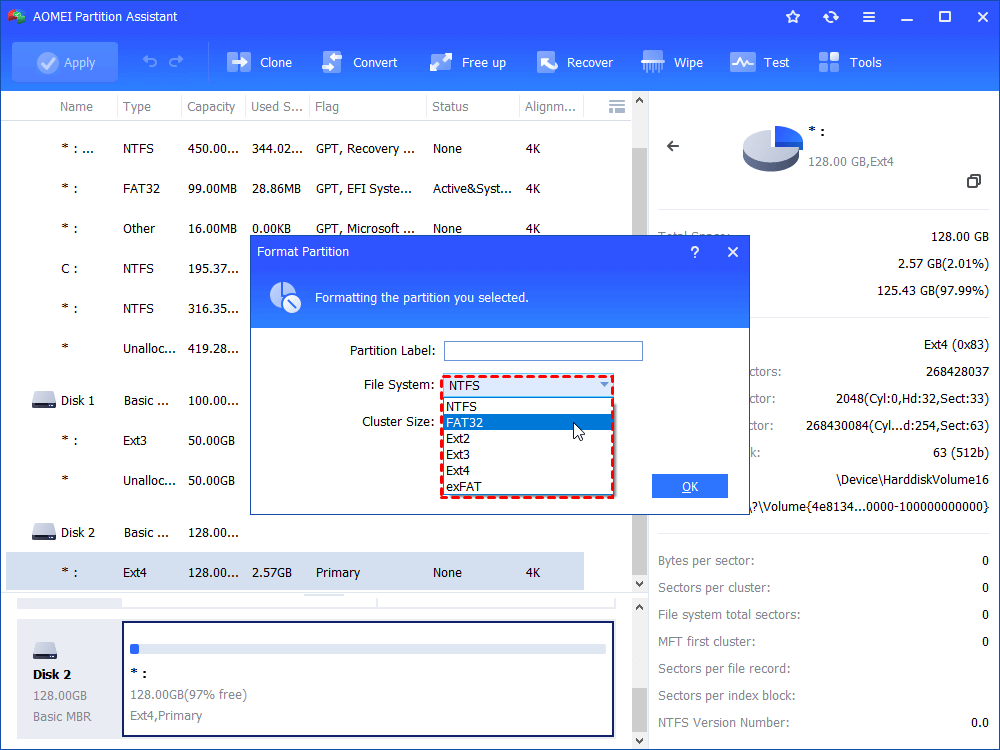 select ntfs file system 128gb