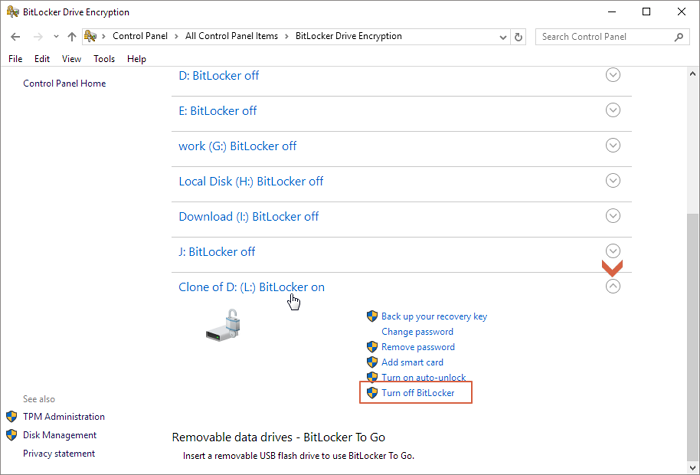 disable bitlocker in control panel step 2