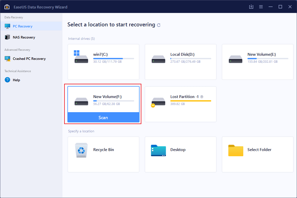 select a location and click scan