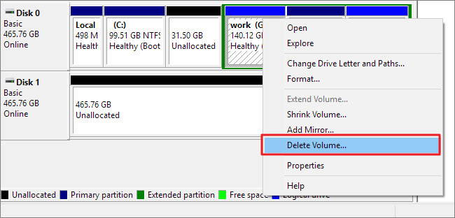 Delete all partitions using Disk Management