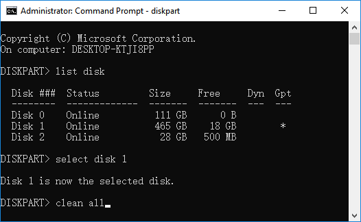 Delete all partitions and clean hard drive using diskpart