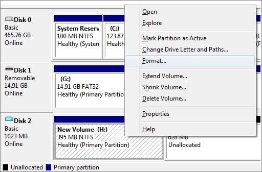 format drive in Windows Disk Management to fix Windows was unable to complete the format