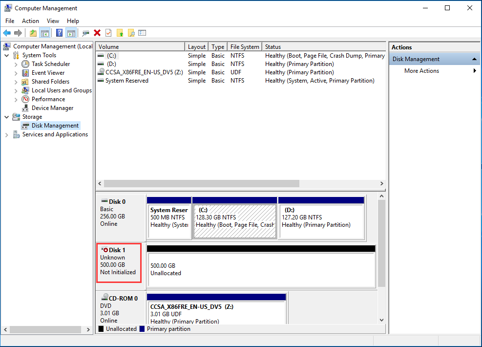 disk 1 unknown not initialized
