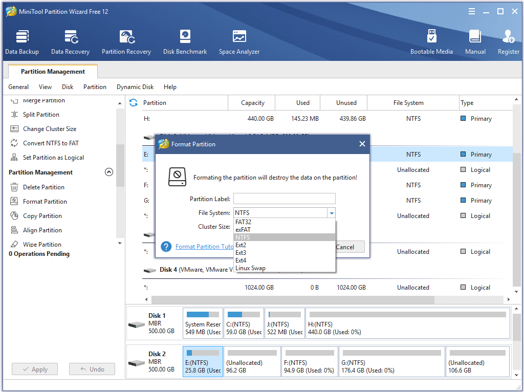 set the partition label, file system and cluster size