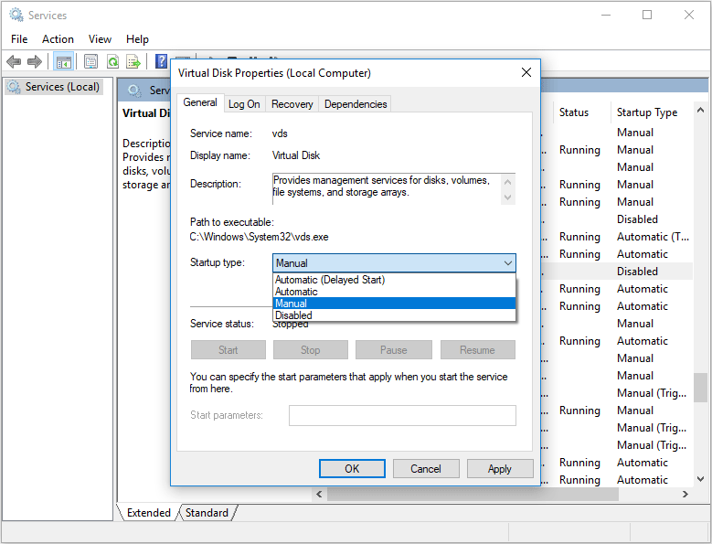 enable Virtual Disk service in Windows Services Manager