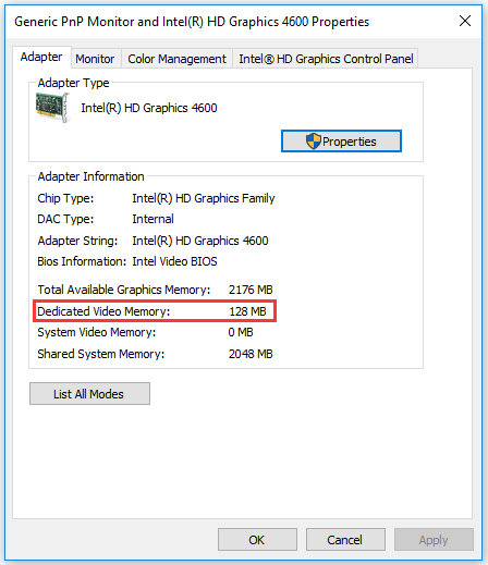 check the dedicated Video Memory