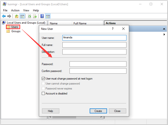 create admin account in Local Users and Groups