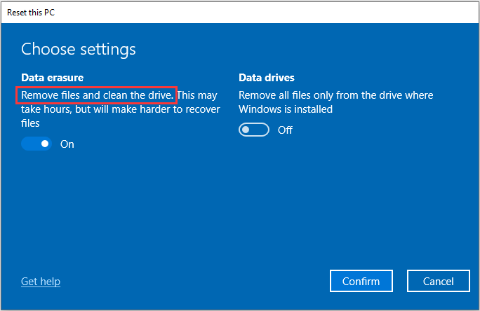 Data erasure and Data drives settings
