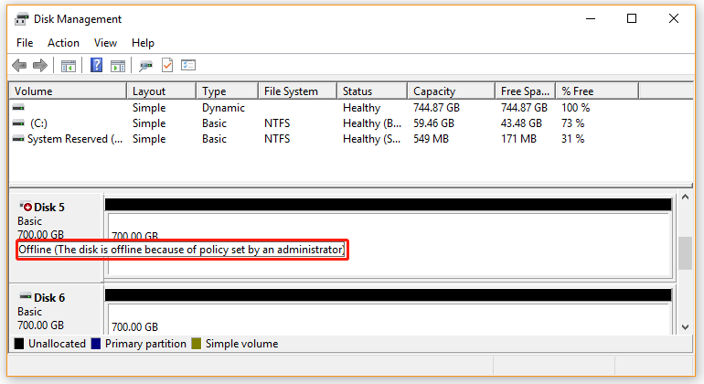 the disk is offline because of policy set by an administrator