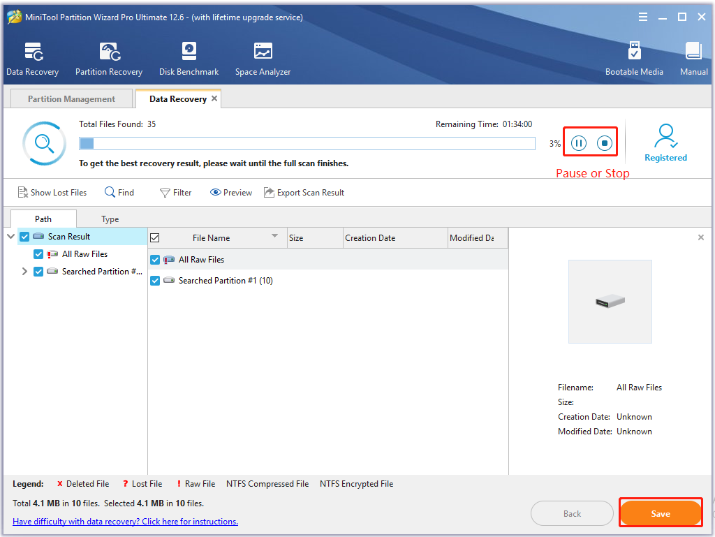 suspend the scan process and save data in MiniTool
