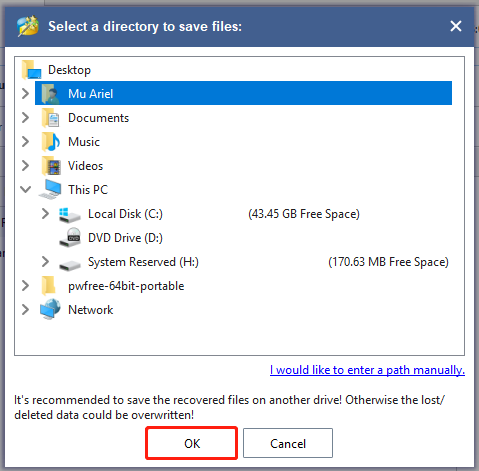 select a location to save the recovered data