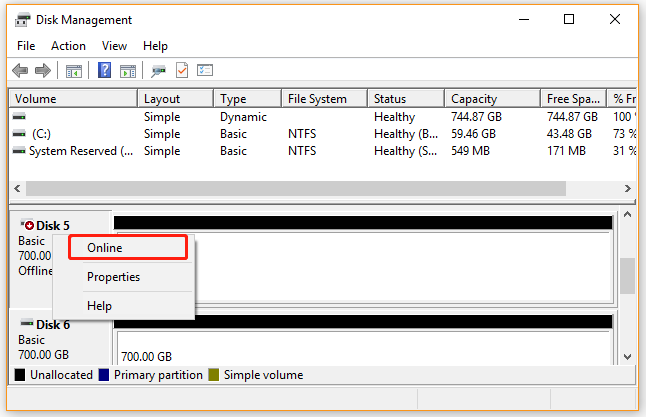 select Online for the drive in Disk Management