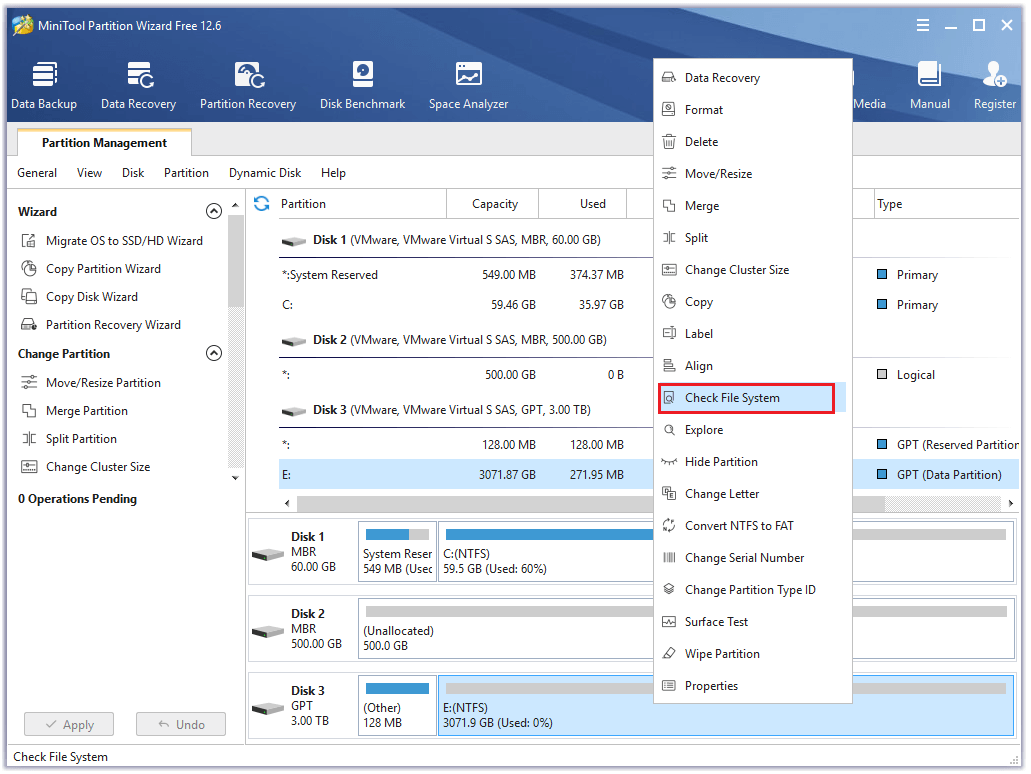 click Check File System from the right-click menu