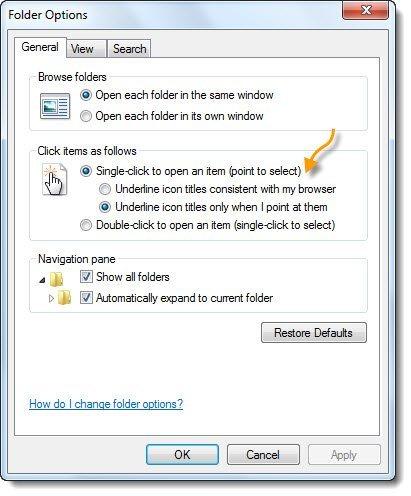 folder options single click