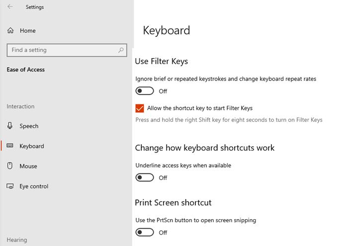 Turn off Filter Keys Windows