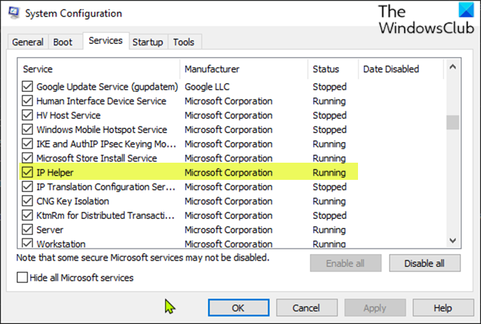 Enable or disable IP Helper Service System Configuration