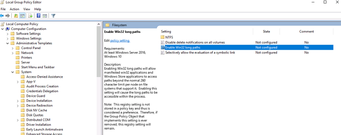 Enable Win32 Long paths gpedit