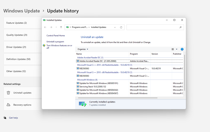Uninstall Updates Windows