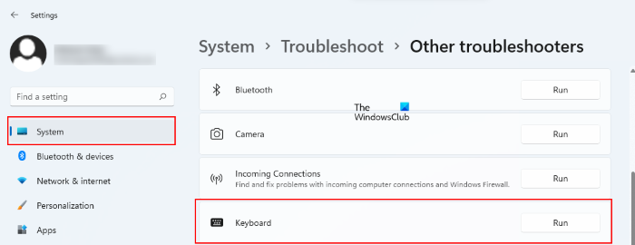 Run Keyboard troubleshooter Windows 11