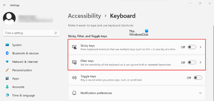 disable sticky and filter keys Windows 11
